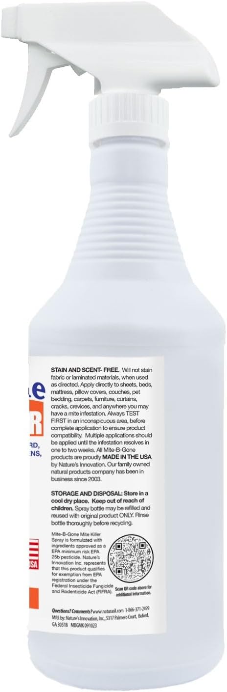 Mite Killer Spray by Mite-B-Gone - 32oz | Plant-Based Treatment for Human Dust Chicken Bird Carpet &amp Rat Mites in Homes Furniture &amp Bedding | Farm Family &amp Pet Safe