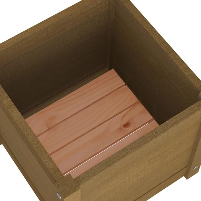 Honey Brown Solid Pinewood Planter Set of 2 Square 15.7 inch Outdoor Garden Planters for Patio Balcony Deck