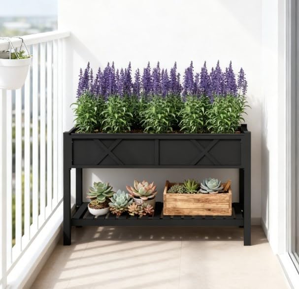 Elevated Wood Planter Box with Storage Shelf &amp Liner Raised Garden Bed with Drainage Holes Complete Gardening Solution for Patio Deck &amp Backyard (Black)