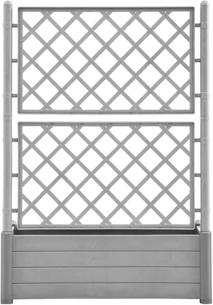 Stone Grey Polypropylene Garden Planter Rectangular Raised Bed with Integrated Trellis 39.4 x 39.4 x 55.9 Inch for Outdoor Plants Balcony Patio UV-Resistant