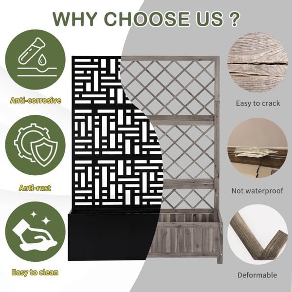 Metal Raised Garden Bed with Trellis Galvanized Planter Metal Planter Box with Trellis 24 L x 9.1 W x 44.5 H (Grid Maze)