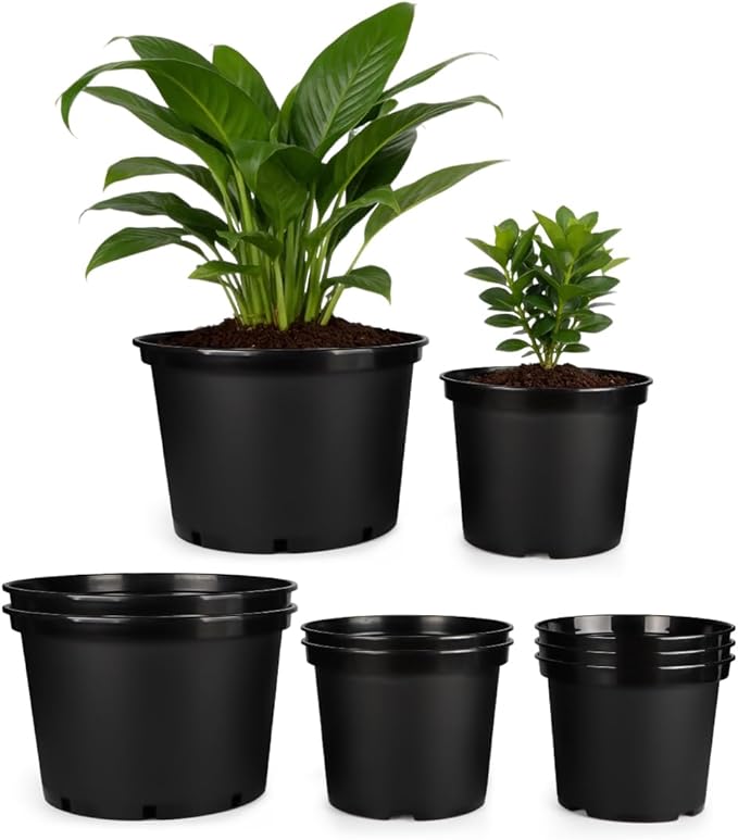 3/5/7 Gallon Nursery Pots 9 Pack Set Plastic Planter with Drainage Holes – Round Sturdy Deep Design for Indoor/Outdoor Plants