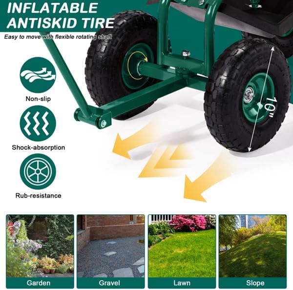 Garden Scooter Stool with Wheels Rolling Gardening Seat with Swivel &amp Tool Tray Adjustable Work Seat with Extendable Handle for Weeding Planting Outdoor Work Foldable Garden Seats