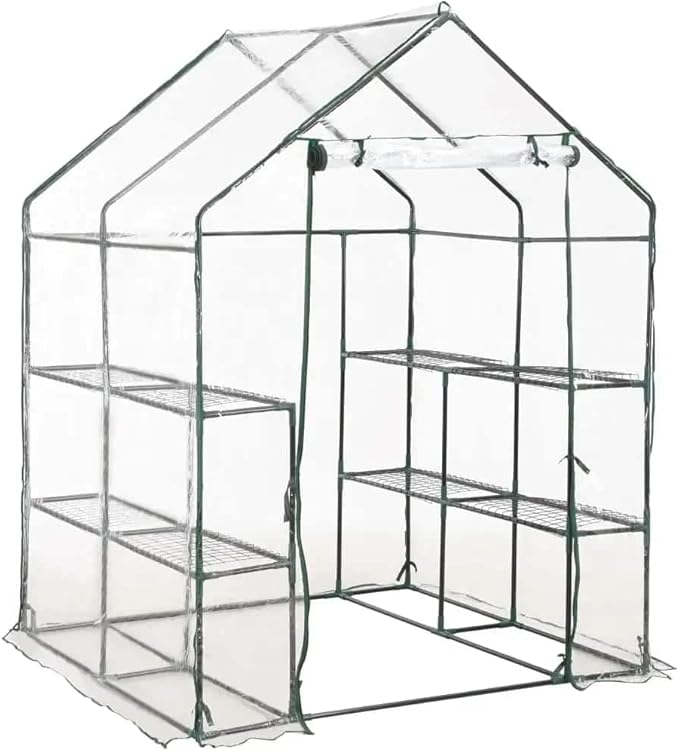 vidaXL Greenhouse with 8 Shelves and Steel Frame – Extend Your Growing Season - Transparent PVC Cover - 4.7'x4.7'x6.4' - Easy Setup for Gardening Enthusiasts