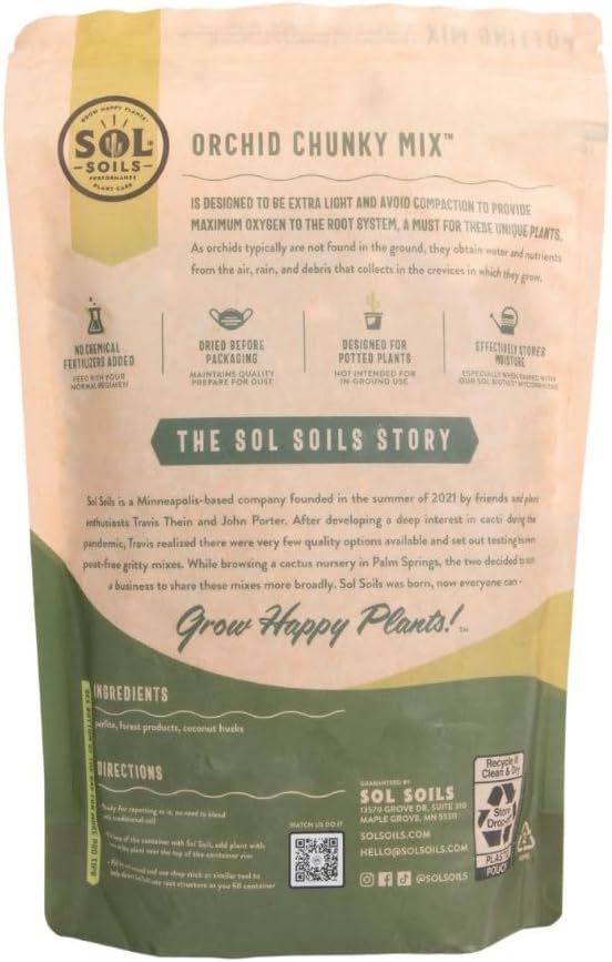 Sol Soils Chunky Orchid Potting Mix - 100% Peat-Free Lightweight and Aerated with Coconut Husk Perlite &amp Recycled Forest Products for Fast Draining Healthy Orchids - 2 Quarts