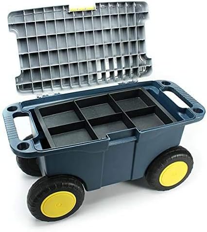 Removable Garden Cart Seat Double Layer Garden Storage Tool Cart Stool with Screw Storage Tray 4 Wheels Plastic Tools Storage Container