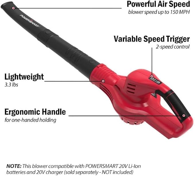 PowerSmart 20V Cordless Leaf Blower Tool Only Lightweight &amp Portable Electric Blowers for Lawn Care Gutter Patio Jobsite(PS76102)