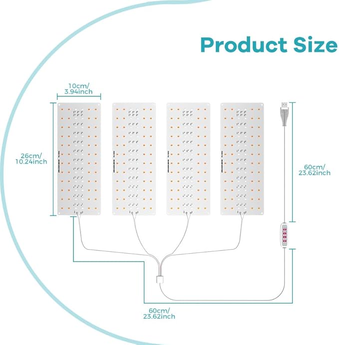 4Head LED Plant Lights DC5V Indoor Full Spectrum Seedling Planting Panel Lamp Dimmable Hydroponic System UV/IR Auto On/Off 8/12/16hours Timer Greenhouse Tent Cultivate Flower Succulents Fill Lamp