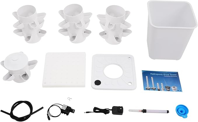 7-Tier Hydroponic Growing Tower 35 Plant Sites Vertical Garden System with Brushless Water Pump 2.64gal Water Tank Indoor Soilless Planting Kit for Herbs Fruits Vegetables (White)