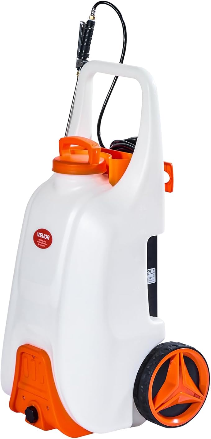 VEVOR 13.1 Gallon Battery Powered Sprayer with Wheels Adjustable 0-80 PSI 5 Nozzles and 98ft Hose Included Orange