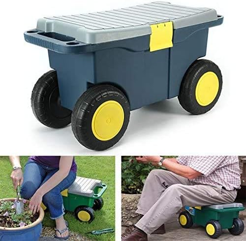 Removable Garden Cart Seat Double Layer Garden Storage Tool Cart Stool with Screw Storage Tray 4 Wheels Plastic Tools Storage Container
