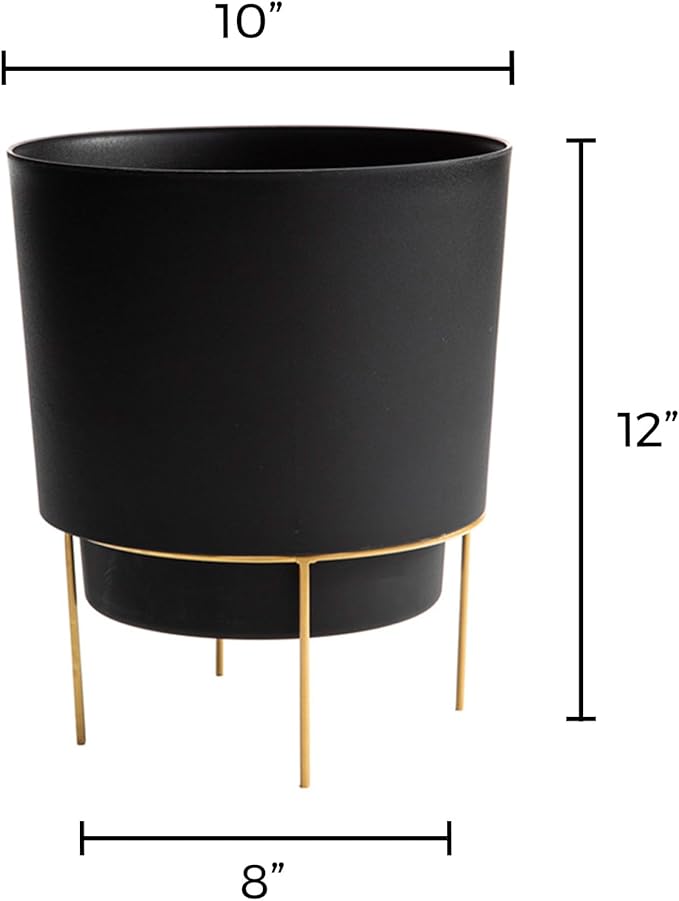 Bloem Hopson Decorative Resin Cachepot with Metal Stand 10 Indoor and Outdoor Planter with Gold Metal Stand Black
