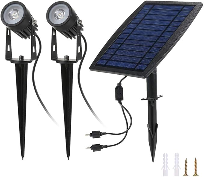 Solar Powered Dual Spotlights 2W 130LM with Adjustable 270° Light &amp Solar Panel 9.8ft Cable Length – IP65 Waterproof Outdoor Garden Lawn Landscape Lighting for Yard and Tree (White)