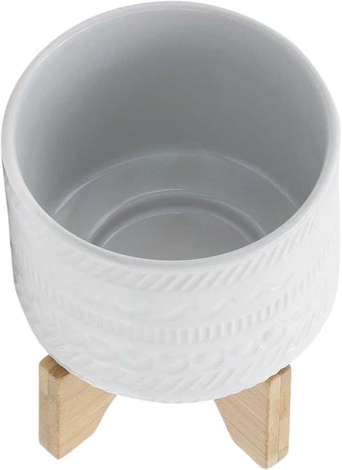5 Tribal Planter W Wood Stand White
