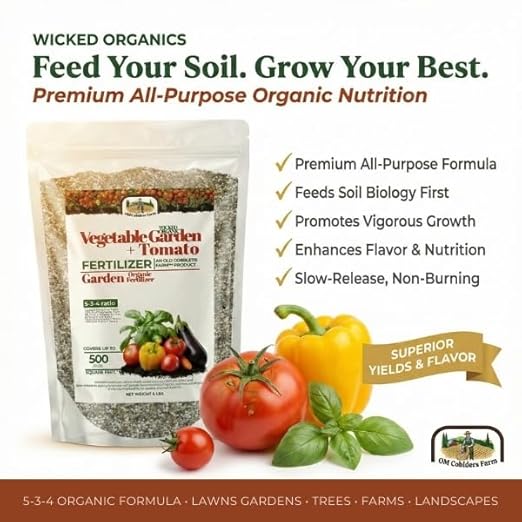 Old Cobblers Farm™ Wicked Organics Organic Garden and Tomato–Balanced Formula for Strong Roots Healthy Growth &amp Flavorful Harvests–for Backyard Vegetable Plots (5 lbs|10 lbs|15 lbs|20 lbs) (20 lb