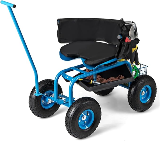 ERGOMASTER Rolling Garden Seat with Wheels360 Degree Swivel Seat Gardening Stool for PlantingTool Storage &amp 2 Steering HandlesUse for Patio Yard and Outdoors Workseat Blue