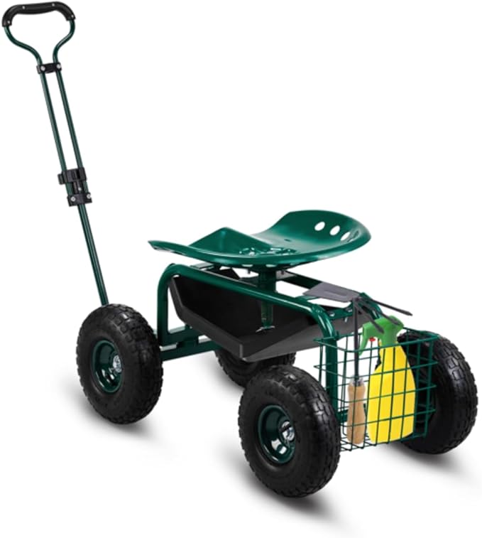 Rolling Garden Cart with Ergonomic Seat Outdoor Gardening Stool for Planting Garden Scooter with 360 Degree Swivel Seat &amp Steering Handle &amp Tool Tray (Handle Green)