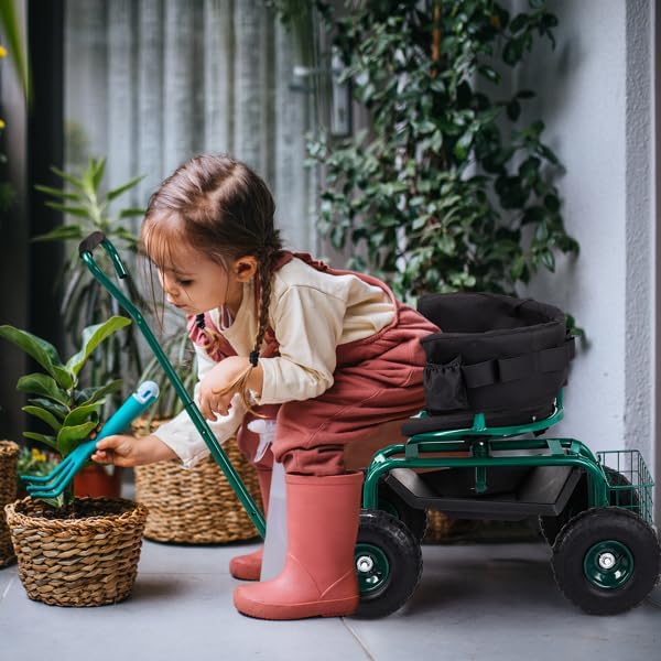 Garden Scooter with 360 Degree Swivel Seat Rolling Gardening Cart with Seat - Utility Garden Tool Tray and Storage BasketGardening Stool for Planting Rolling Stool Gardening Cart with Tool Storage
