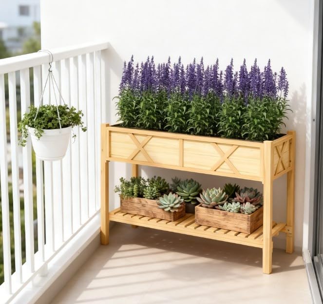 Dual-Tier Elevated Wood Planter Box with Storage Shelf – Raised Garden Bed with Drainage Holes &amp Non-Woven Liner – Weather-Resistant Painted Fir Wood for Outdoor Gardening (Natural Wood)