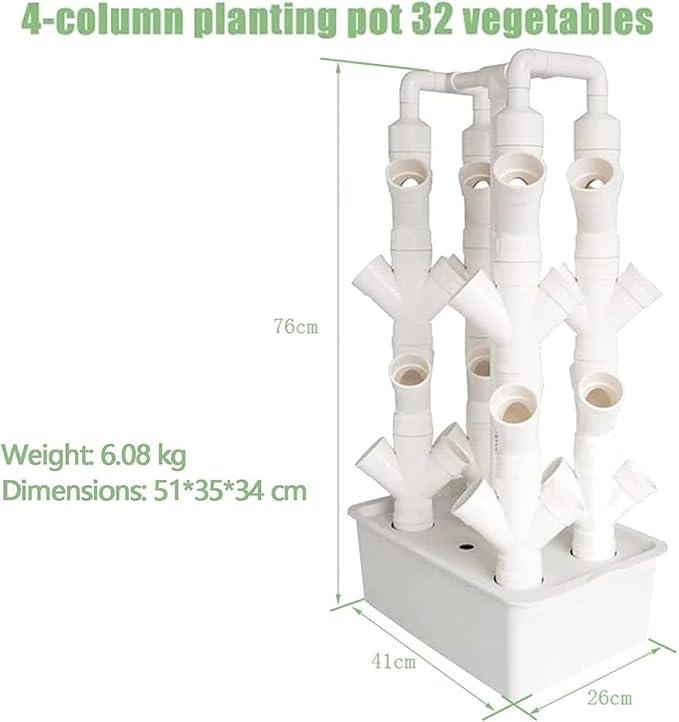 Vertical Hydroponic Tower Vegetable Plant Tower 16/24/32 Pots PVC Pipe Hydroponic Kit Aquaponics Growing System for Leafy Vegetables Herbs Garden Grow Lettuce and Fruits 16Holes ( 32Holes)