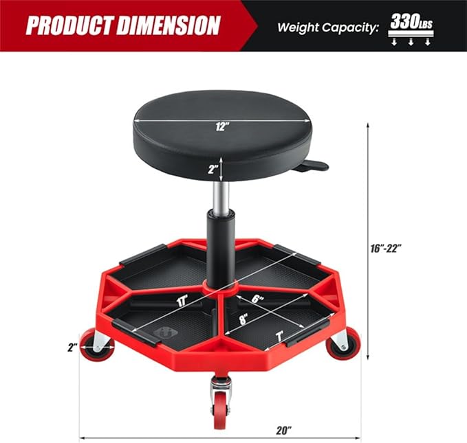 Heavy-Duty Adjustable Height Rolling Workshop Stool with Tool Tray Pneumatic Lift 360° Swivel Seat and Heavy Load Capacity