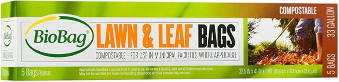 BioBag USA 100% Certified Compostable Lawn &amp Leaf Yard Waste Bags 33 Gallon Large Capacity and Weather Resistant 60 Count
