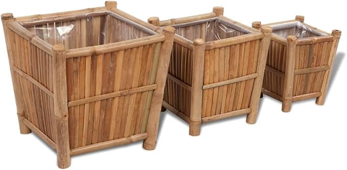 Raised Bed Set 3 Pieces Bamboo with Nylon Lining Unique Plant Pots Large Planters for Outdoor Plants Plant Pots Large Outdoor Pots for Outdoor Gardening Porch Plants