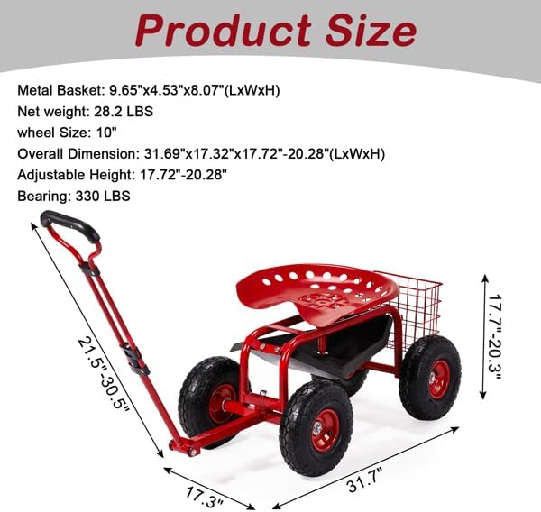 Rolling Garden Work Seat with Wheels Garden Scooter with 360 Degree Swivel Seat &amp Extendable Handle &amp Tool Tray