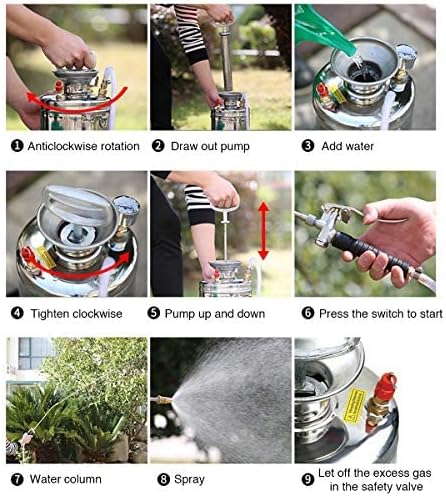 1.5Gal Stainless Steel Pump Up Sprayer Reinforced Hose Hand Pump Sprayer with Pressure Gauge&ampSafety Valve Adjustable Nozzle Suitable for Gardening (1.5 Gallon)
