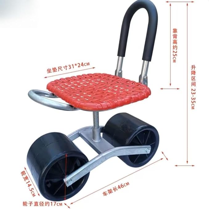 German Craft Garden Rolling Work Stool - Foldable Adjustable Height Gardening Bench with Wheels &amp Backrest for Gardening Farming Auto Repair Workshop (300lbs CapacityTwo wheels red foldable)
