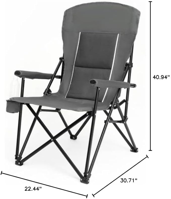 High Back Heavy Duty Lawn Chair Support 250LBS Portable Collapsible Chair with Cup Holder (Gray + Steel)
