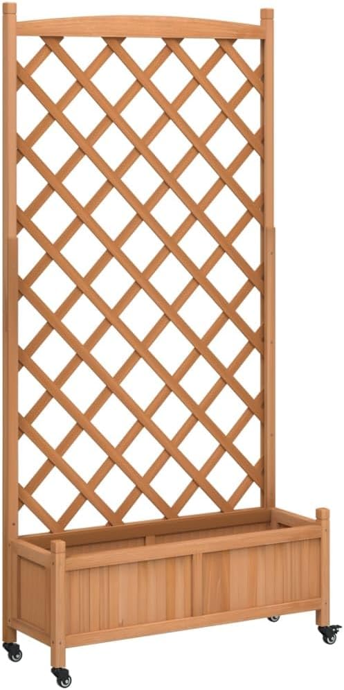 Wood Planter Box with Trellis and Wheel Outdoor Raised Garden Bed for Climbing Plants Free-Standing Trellis Planter Box 35.4x13.8x73.8 Brown Solid Wood Fir