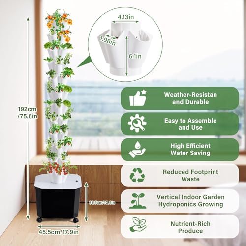 Hydroponics Growing Tower - 10-Layer Vertical Hydroponic System for Indoor and Outdoor Gardens 50 Slots for Vegetables and Fruits with Silent Pump