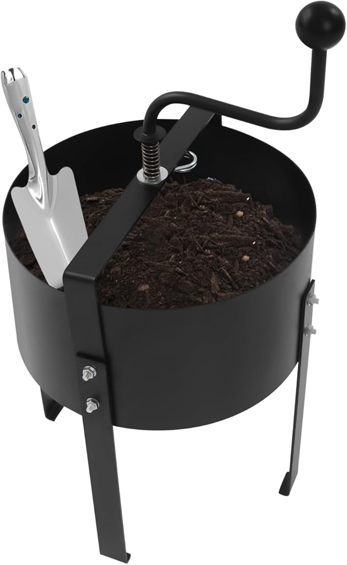 Manual Rotary Soil Sieve Carbon Steel with Plastic-Sprayed Finish 11.8x14.17 Inch Drum 24.41 Inch Height 0.07 m³ Capacity Includes Gloves and Spade