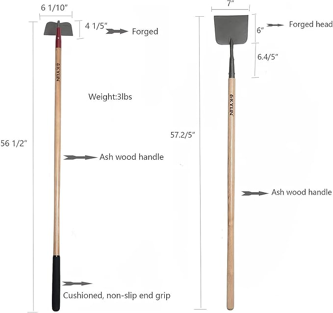 KYLIN 6-Piece Pro Long Ash Handle Garden Tools Set for Landscaping Agricture or Backyard14-Gauge ShovelsForged RakesForged Weeding Hoe Sidewalk Scraper