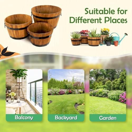Idzo Set of 3 Wooden Upgraded Brown Orange Flower Boxes Outdoor Durable Acacia Wood Barrel Planters for Outdoor Plants with Ergonomic Handles Drainage Holes Multiple Sizes Wood Bucket Planter