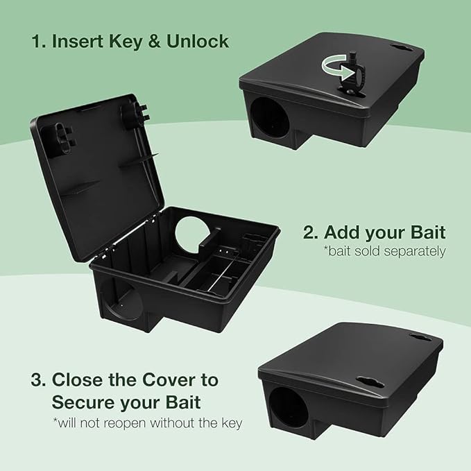 Rat Bait Stations 2-Pack | Refillable Outdoor Mouse Bait Station with 2 Locks &amp Keys | Weather-Resistant Rodent Bait Box for Indoor &amp Outdoor | Pet &amp Kid-Safe Rat Trap Alternative Medium S