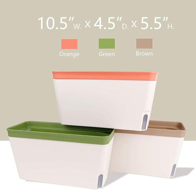 OurWarm Windowsill Herb Planter Box Indoor Set of 3 10.5 Inch Self Watering Planter Pots with Visual Water Level Window Modern Plastic Plant Pots for Herbs Vegetables Succulents Plants