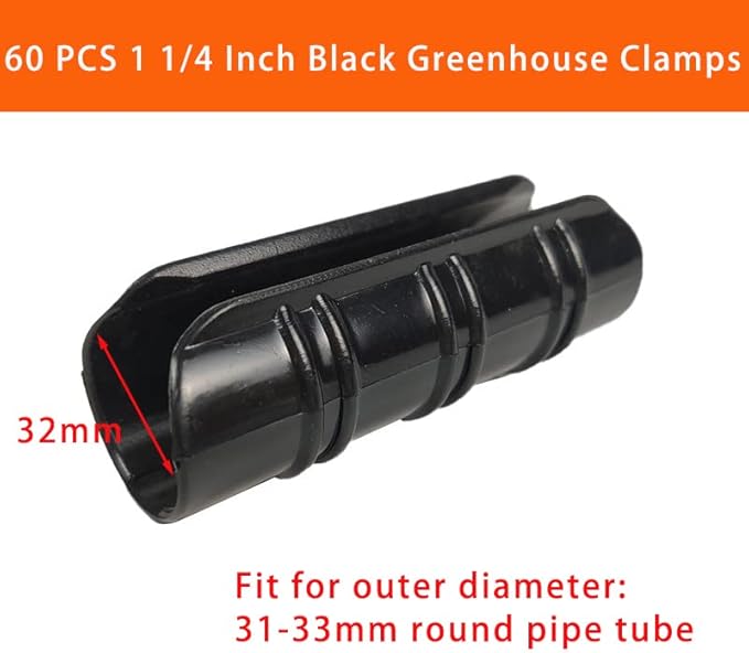 60PCS Greenhouse Clips 1 1/4 Inch Greenhouse Clamps Black Plastic Clamps Garden Buildings Tube Clips for PVC Pipe Greenhouse Films Sunshade Nets Row Covers Shelters Farming Gardening