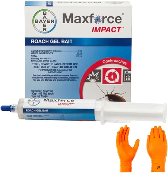 MaxForce Impact Roach Gel Bait - 4 Tubes with USA Supply Gloves &amp Pest Identification Card - Target German American Oriental Brown and Smoky Brown Cockroaches with Confidence.