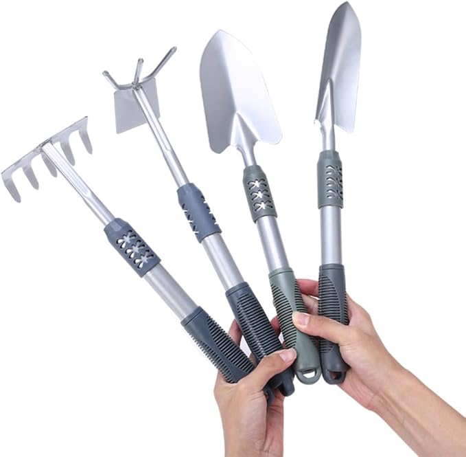 Garden Tool Set 4 PCS Heavy Duty Carbon Steel Gardening Tool Set with Non-Slip Rubber Grip Silver Rake Outdoor Hand Tools Set Beach Comb Tool Kit Gifts for Women and Men (Hand rake)