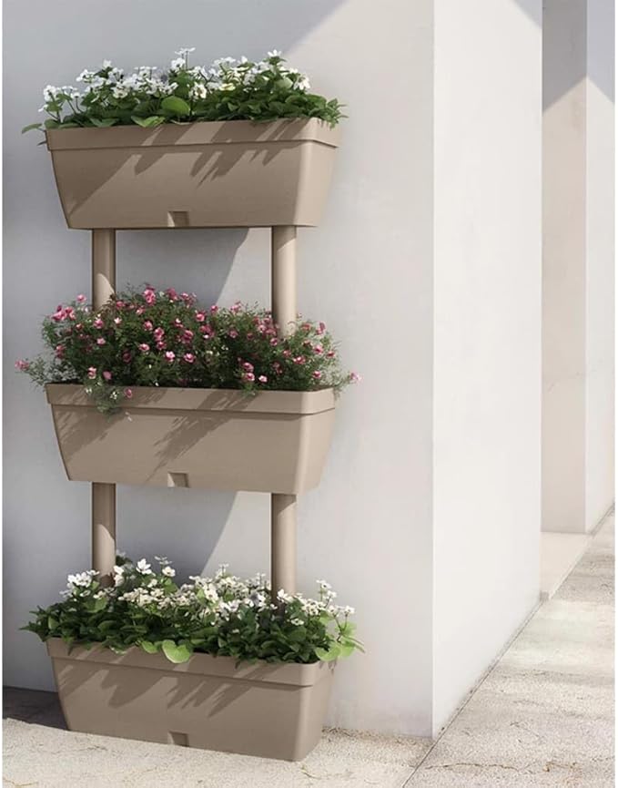 Stackable Garden Planter Set of 3 Taupe 39.4 Inch with Water Reservoir Weatherproof Material for Outdoor Raised Bed Flowers Vegetables Herbs