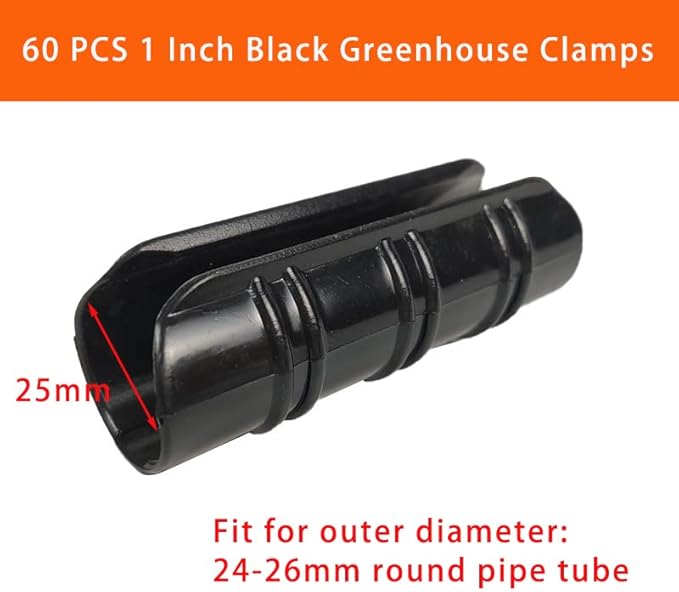 60PCS Greenhouse Clips 1 Inch Greenhouse Clamps Black Plastic Clamps Garden Buildings Tube Clips for PVC Pipe Greenhouse Films Sunshade Nets Row Covers Shelters Farming Gardening