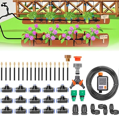 Drip Irrigation System Kit with Smart Timer 360° Adjustable Garden Watering Solution for Greenhouse Yard &amp Plants 20m/65.6ft Automatic Irrigation Setup