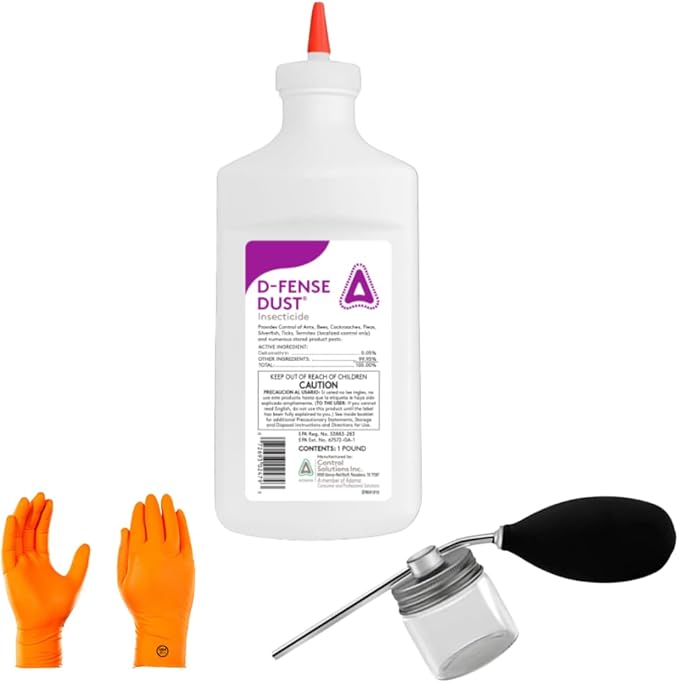 Defense Dust Insecticide – Long-Lasting Moisture-Resistant Pest Control for Indoor &amp Outdoor Use (1 lb) | Includes Puffer | Premium USA Supply Gloves for Safe Eradication
