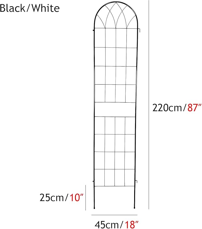 Outdoor Garden Trellis Anti-Rust Metal Flower Stand 150x45cm 59x18″ Grille with Decorative Lines for Lawn Garden Backyard Climbing Plants (Black/White)(Color:BlackSize:220x45cm)