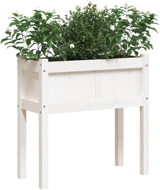 White Solid Pine Wood Garden Planter Rectangular Decorative Inlays 27.6 x 12.2 x 9.6 Inch Capacity Outdoor Raised Garden Bed for Patio Balcony Gardening