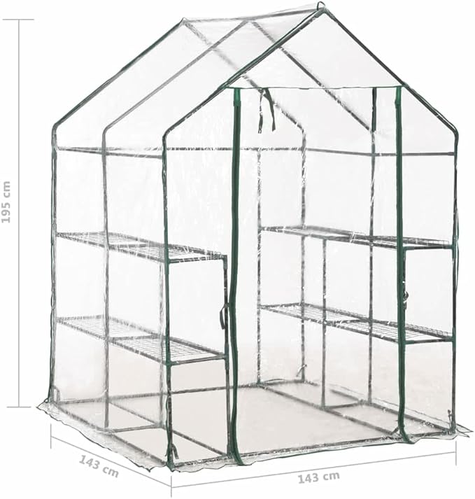 vidaXL Greenhouse with 8 Shelves and Steel Frame – Extend Your Growing Season - Transparent PVC Cover - 4.7'x4.7'x6.4' - Easy Setup for Gardening Enthusiasts