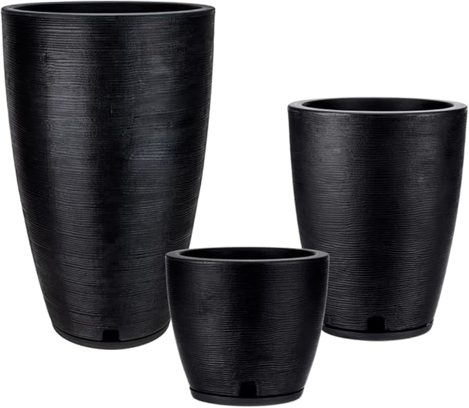 Floridis Set of 3 Black Planters for Indoor Outdoor Plants 11/17/25 Inch Plastic Plant Pots with Drainage Hole and Saucer for Patio and Front Porch