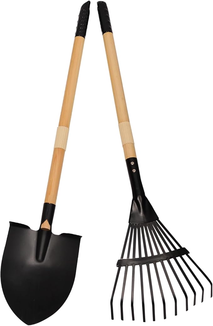 Kids Rake and Shovel Set 2Pcs Garden Tools Metal Head with Wooden Handle Great Gardening Gifts for Boys Girls Age 3 and Up